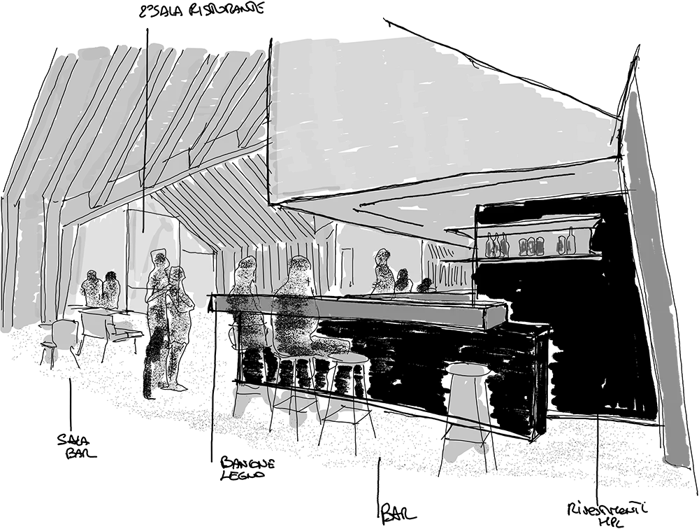 Design della zona bar e sala ristorante Pila Alpenwood, caratterizzato da un bancone in legno moderno e atmosfera alpina.