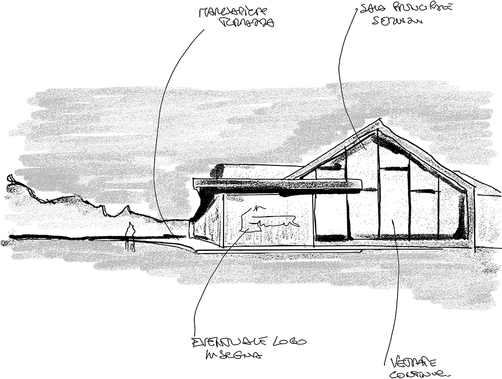 Progetto architettonico dello chalet Pila Alpenwood con grandi vetrate panoramiche e terrazza esterna.