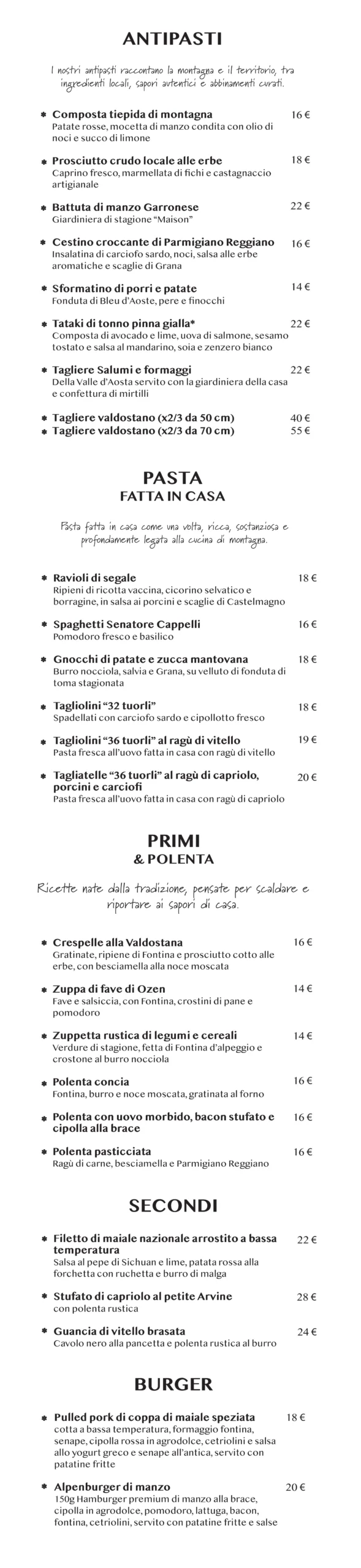 Menu di ristorante con piatti vari